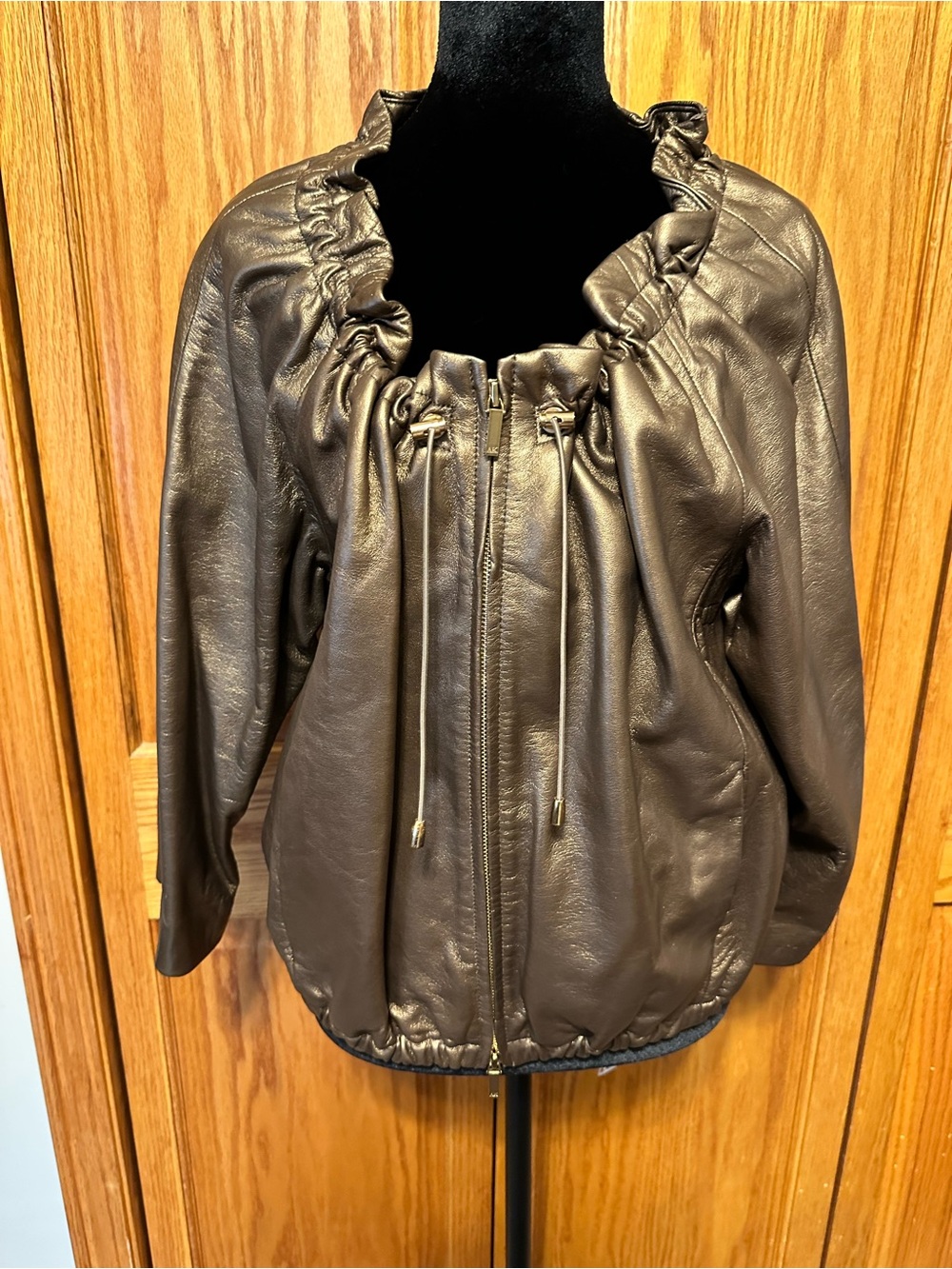 Anne Klein 100% Leather Jacket Women Petite Large Metallic Bronze Ruched Ruffle